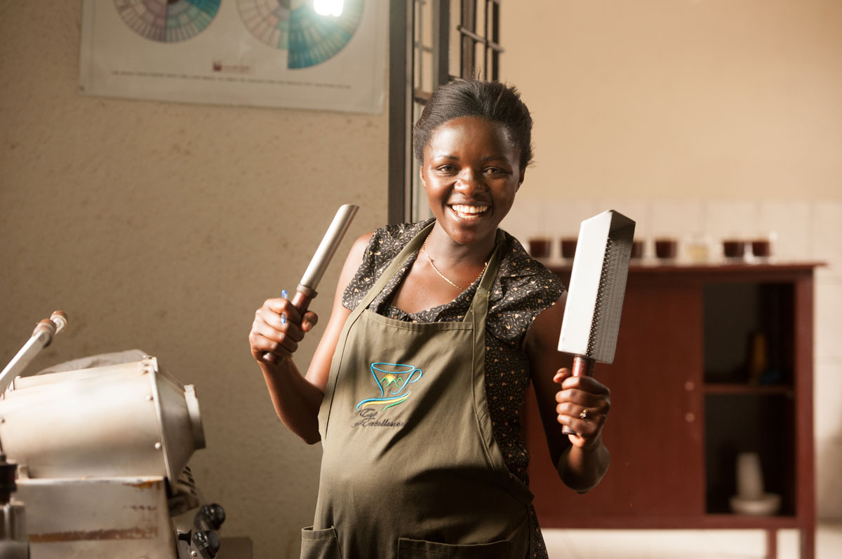 Laetitia Mukandahiro, one of Rwanda's top Q Graders, sample roasting.