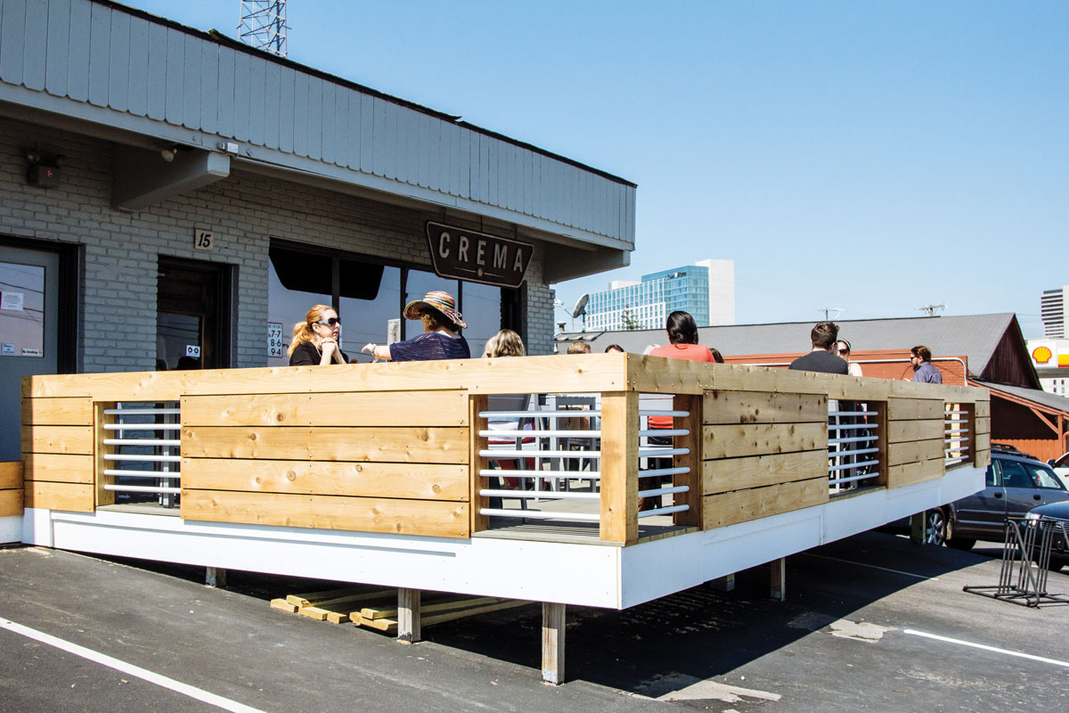 Outdoor deck seating at Crema.