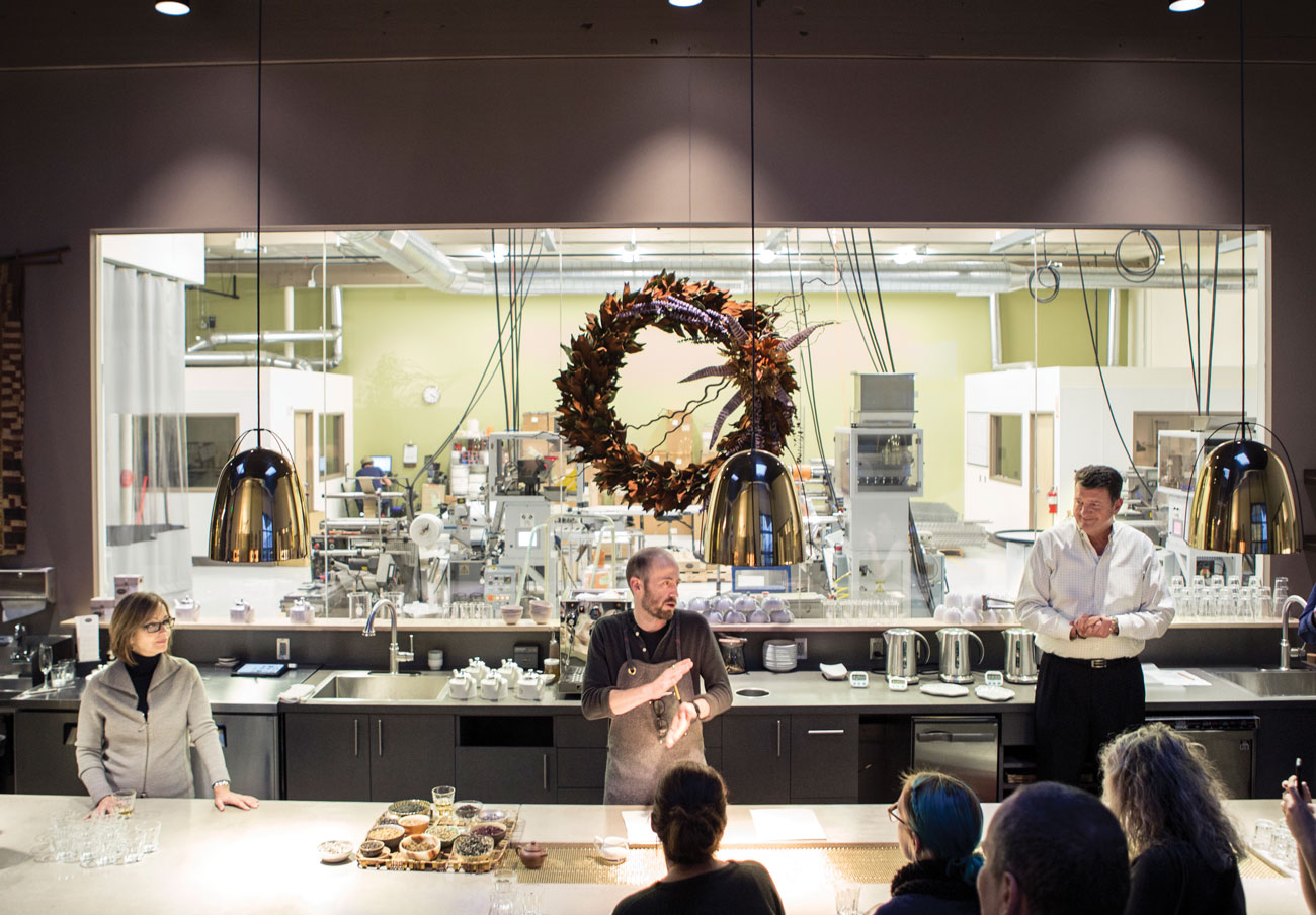 Steven Smith Teamaker co-founder Kim DeMent Smith, head teamaker Tony Tellin, and president Tom Clemente at the company's new headquarters. (Photo: Cory Eldridge.)