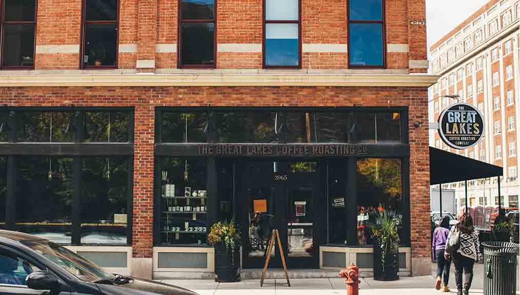 Great Lakes Roasting's Midtown location. The building had been vacant for two decades before the café opened. (Photo: Jesse David Green.)